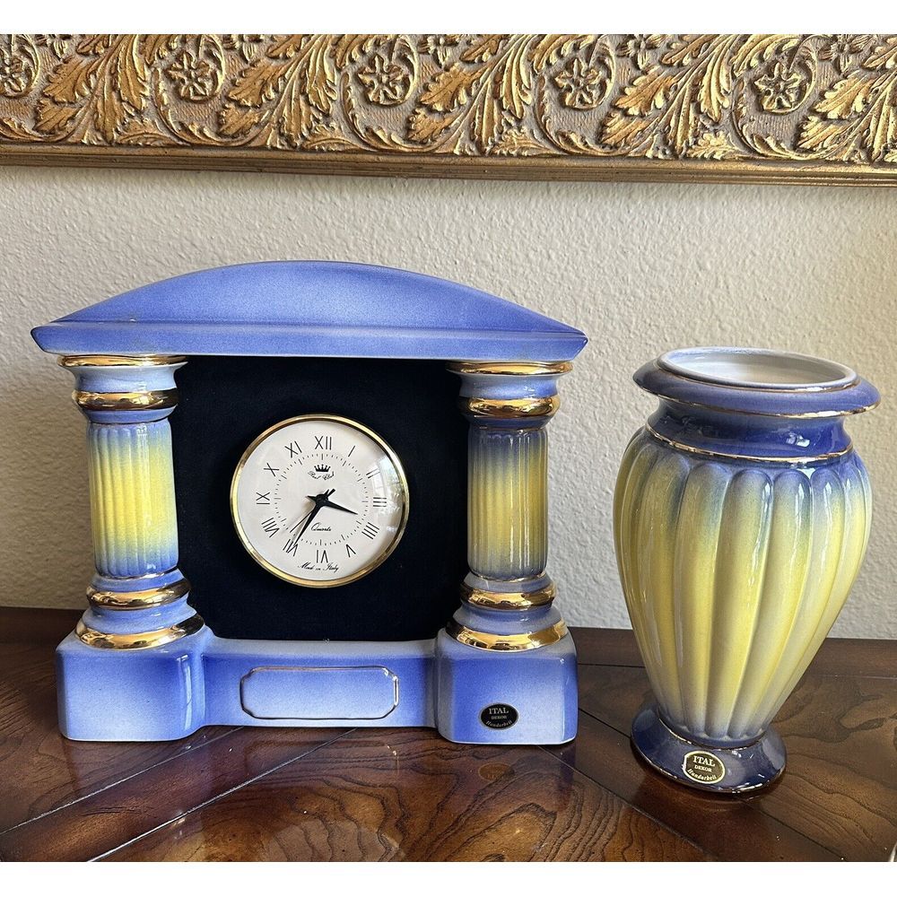 VTG Mantle Clock 10 Inch Italy Blue Yellow Gold Accent Vase Porcelain Works